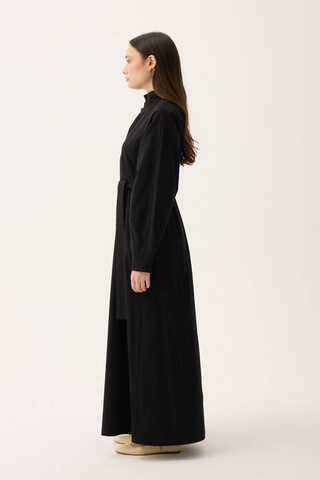 Dik Yaka Düğmeli Elbise Siyah - 5