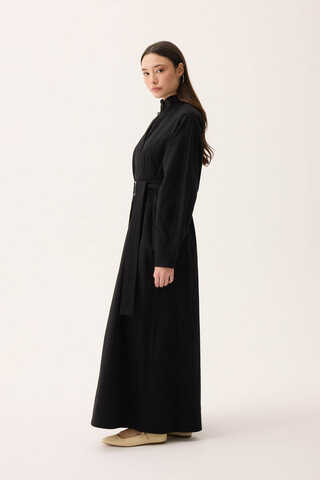 Dik Yaka Düğmeli Elbise Siyah - 6