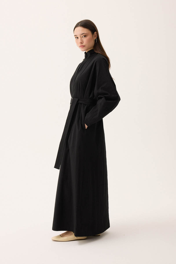 Dik Yaka Düğmeli Elbise Siyah - 7