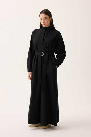 Dik Yaka Düğmeli Elbise Siyah - 8