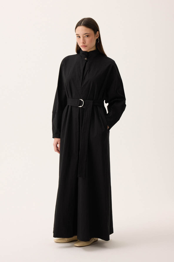 Dik Yaka Düğmeli Elbise Siyah - 8