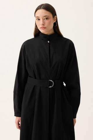 Dik Yaka Düğmeli Elbise Siyah - 9