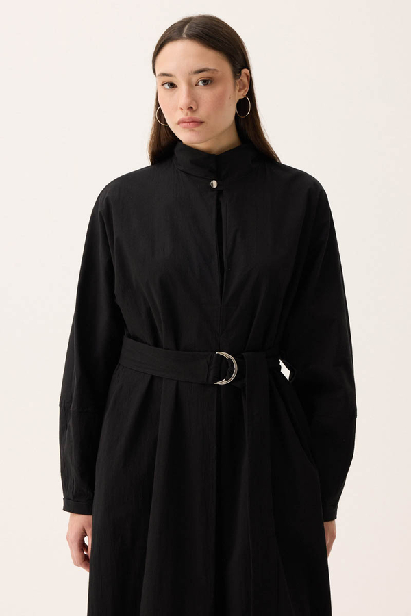 Dik Yaka Düğmeli Elbise Siyah - 9