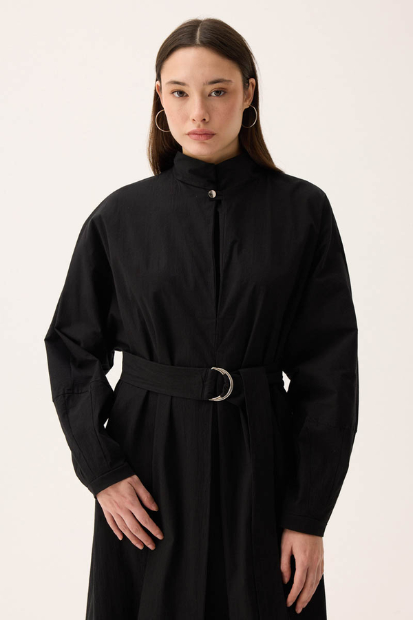 Dik Yaka Düğmeli Elbise Siyah - 10