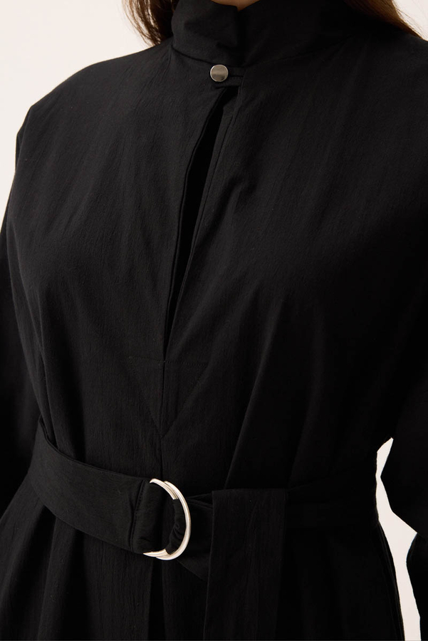 Dik Yaka Düğmeli Elbise Siyah - 12