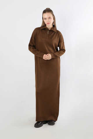 Dik Yaka Fermuarlı Triko Elbise Kahve - 1