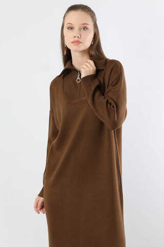 Dik Yaka Fermuarlı Triko Elbise Kahve - 2