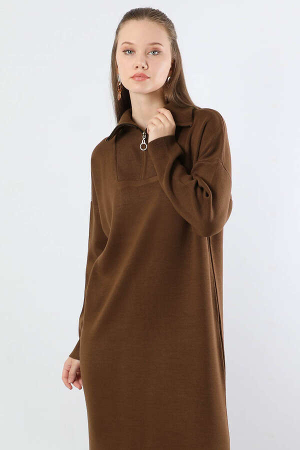Dik Yaka Fermuarlı Triko Elbise Kahve - 2