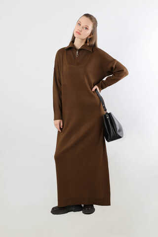 Dik Yaka Fermuarlı Triko Elbise Kahve - 3