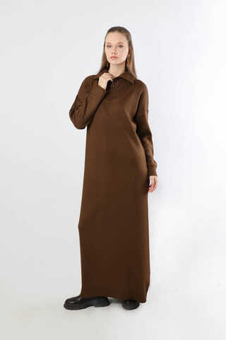 Dik Yaka Fermuarlı Triko Elbise Kahve - 5