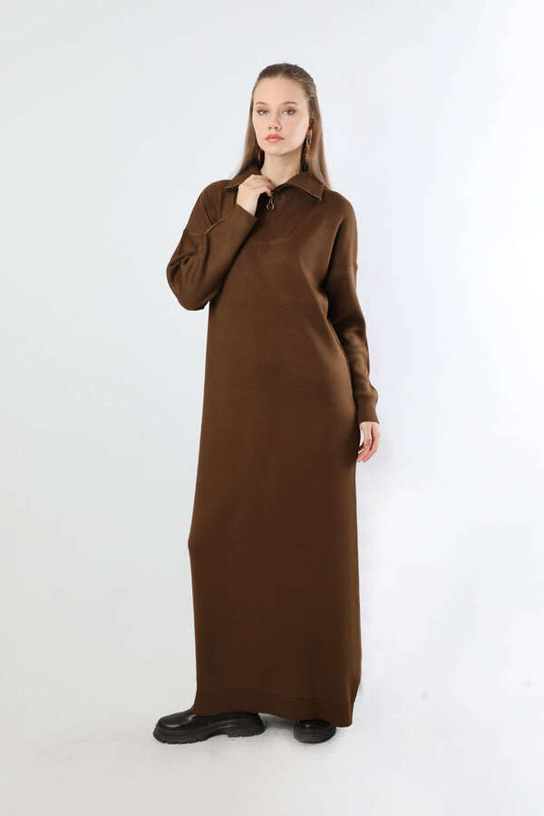 Dik Yaka Fermuarlı Triko Elbise Kahve - 5