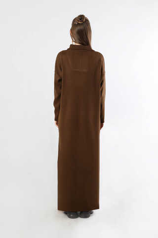 Dik Yaka Fermuarlı Triko Elbise Kahve - 6