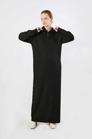 Dik Yaka Fermuarlı Triko Elbise Siyah - 1