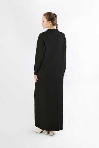 Dik Yaka Fermuarlı Triko Elbise Siyah - 3