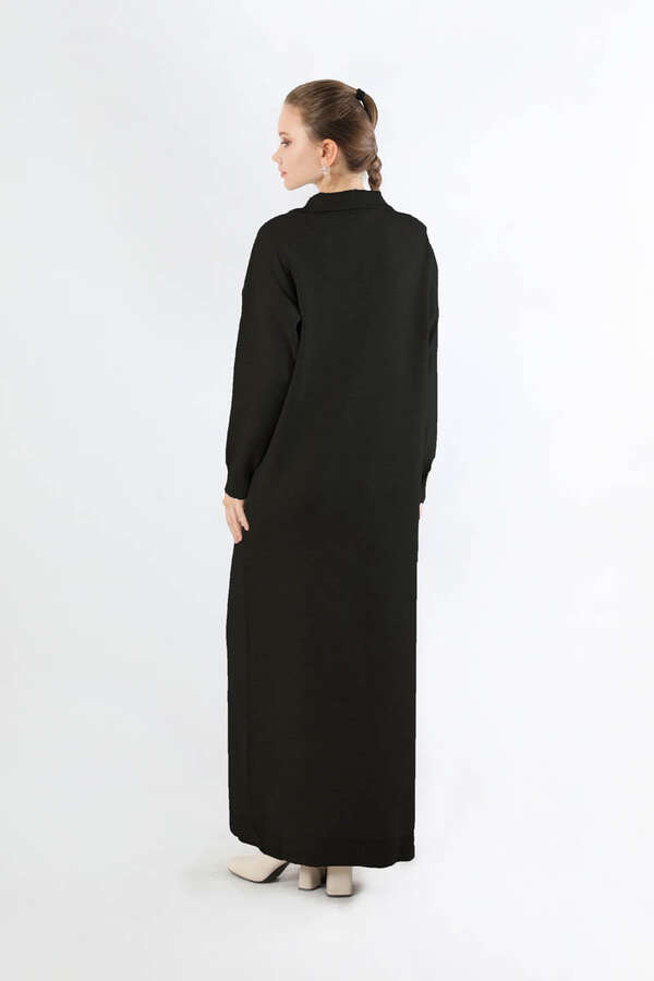 Dik Yaka Fermuarlı Triko Elbise Siyah - 3