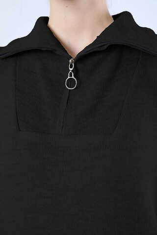 Dik Yaka Fermuarlı Triko Elbise Siyah - 2