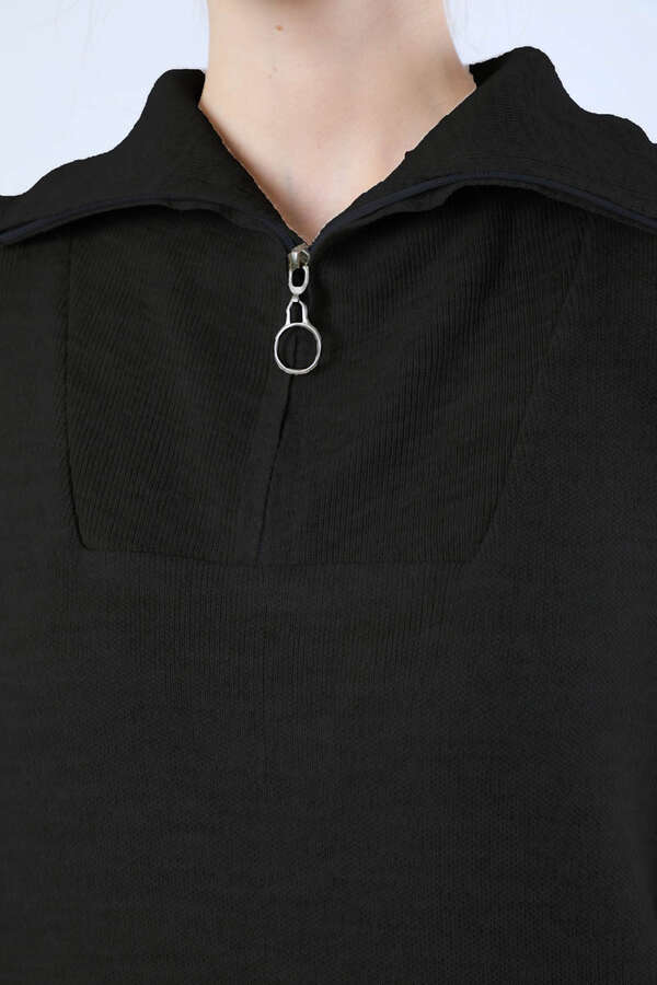 Dik Yaka Fermuarlı Triko Elbise Siyah - 2