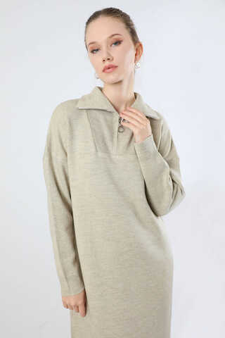 Dik Yaka Fermuarlı Triko Elbise Taş - 2