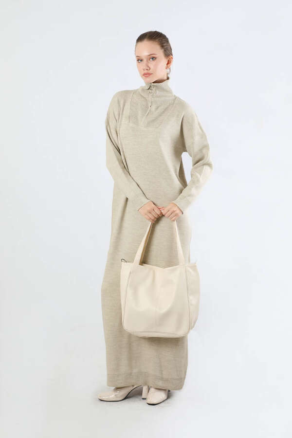 Dik Yaka Fermuarlı Triko Elbise Taş - 3