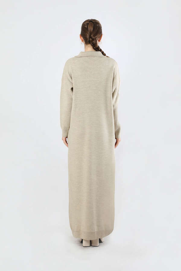 Dik Yaka Fermuarlı Triko Elbise Taş - 5