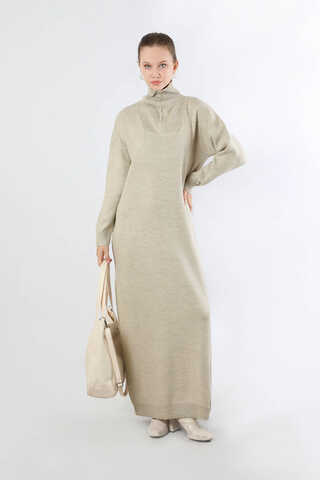 Dik Yaka Fermuarlı Triko Elbise Taş - 1