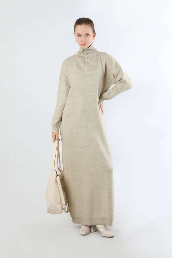 Dik Yaka Fermuarlı Triko Elbise Taş - 1