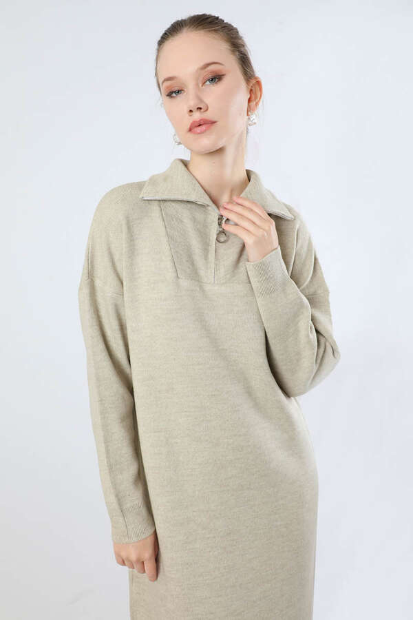 Dik Yaka Fermuarlı Triko Elbise Taş - 2