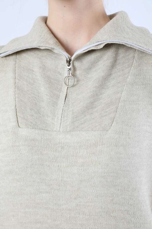 Dik Yaka Fermuarlı Triko Elbise Taş - 4