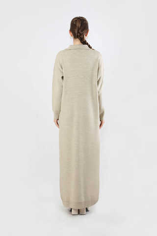 Dik Yaka Fermuarlı Triko Elbise Taş - 5