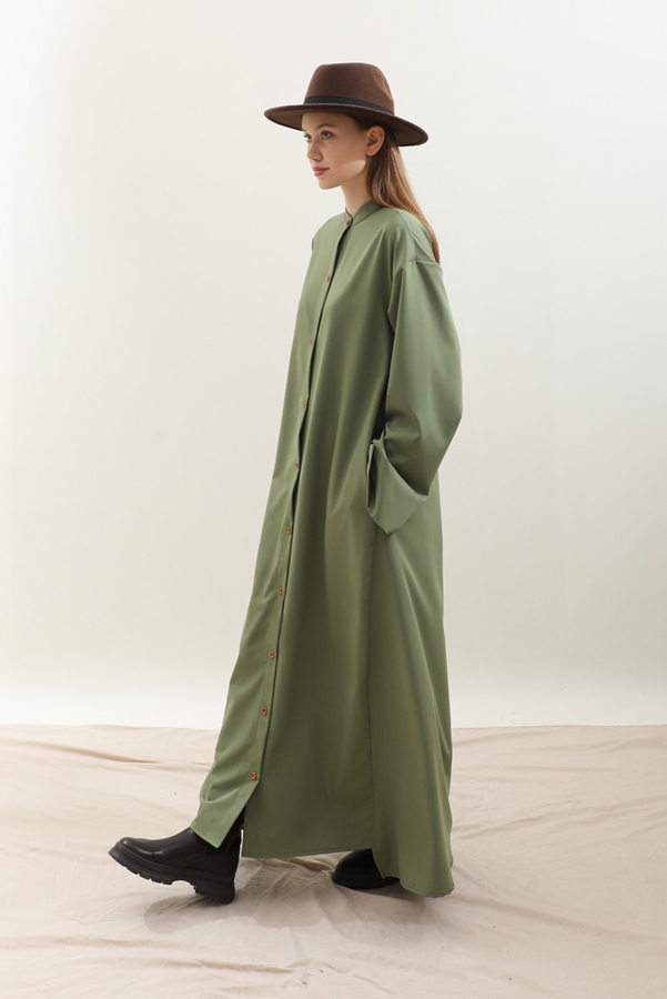 Dik Yaka Gömlek Elbise Haki - 3