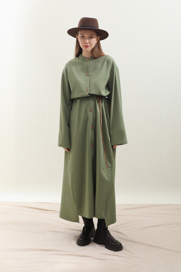 Dik Yaka Gömlek Elbise Haki - 5