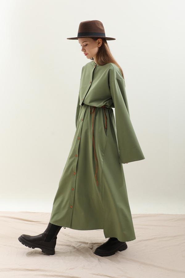 Dik Yaka Gömlek Elbise Haki - 7