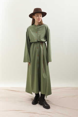 Dik Yaka Gömlek Elbise Haki - 8
