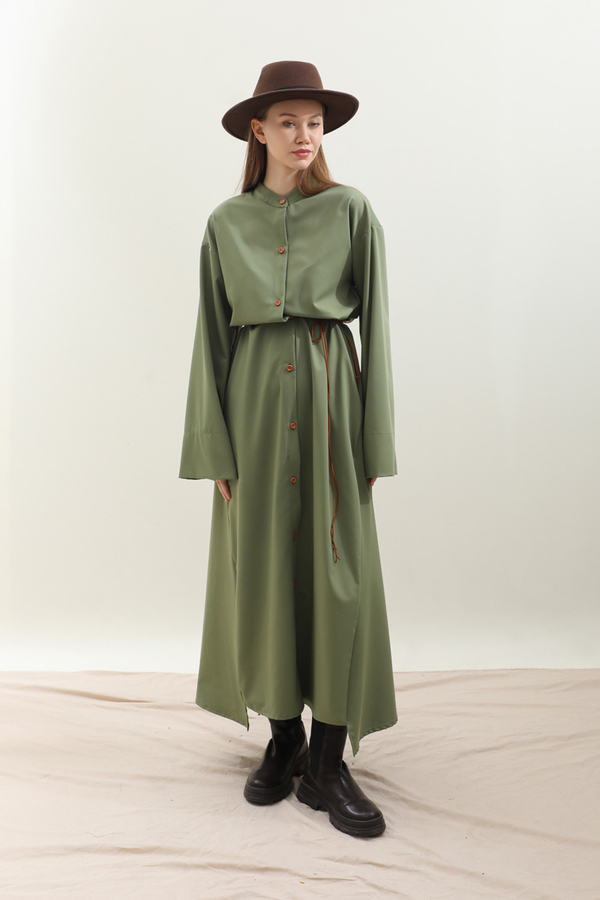 Dik Yaka Gömlek Elbise Haki - 8