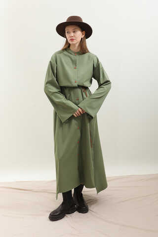 Dik Yaka Gömlek Elbise Haki - 9