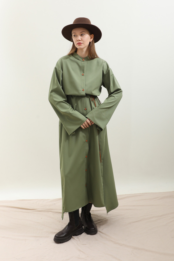 Dik Yaka Gömlek Elbise Haki - 9