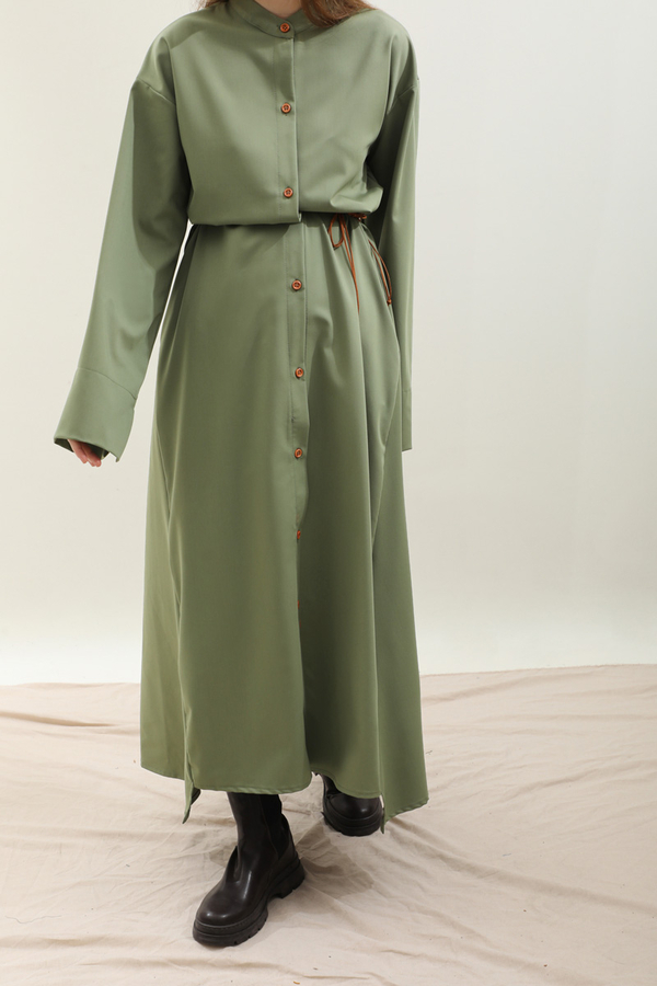 Dik Yaka Gömlek Elbise Haki - 10