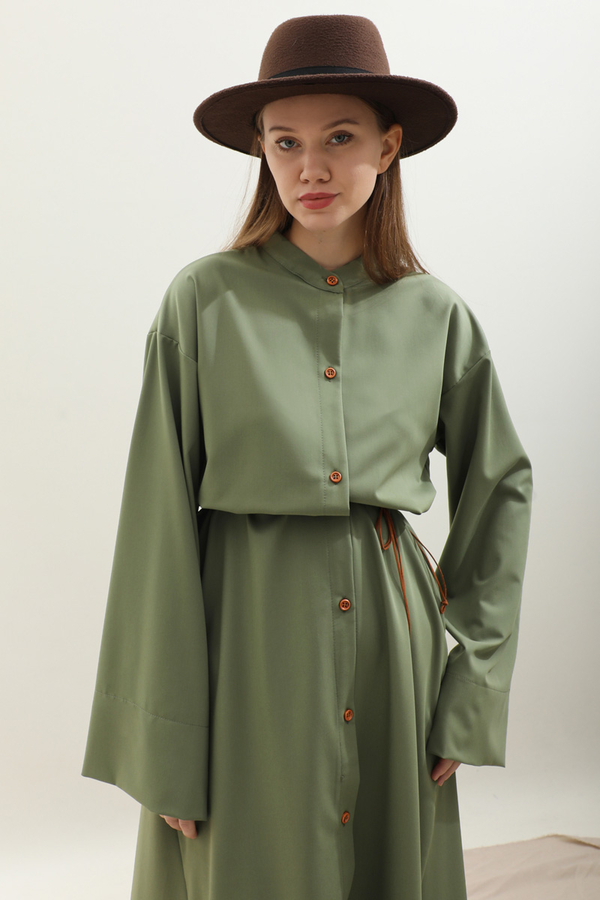 Dik Yaka Gömlek Elbise Haki - 1