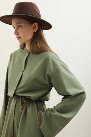 Dik Yaka Gömlek Elbise Haki - 11