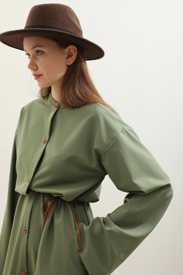 Dik Yaka Gömlek Elbise Haki - 11