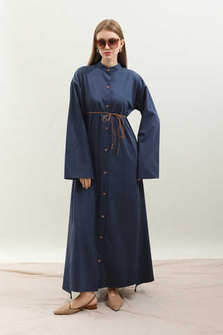 Dik Yaka Gömlek Elbise Lacivert - 2