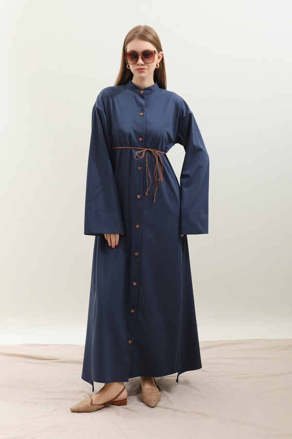 Dik Yaka Gömlek Elbise Lacivert - 2