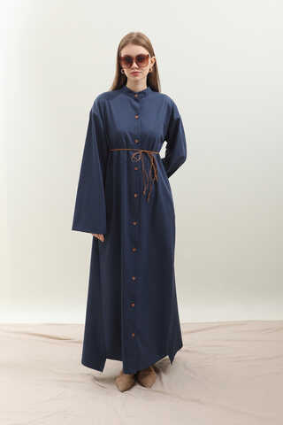 Dik Yaka Gömlek Elbise Lacivert - 3