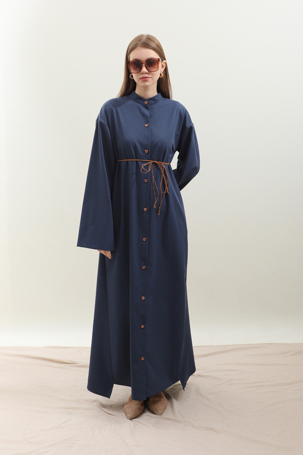 Dik Yaka Gömlek Elbise Lacivert - 3