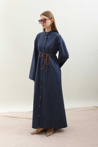 Dik Yaka Gömlek Elbise Lacivert - 4