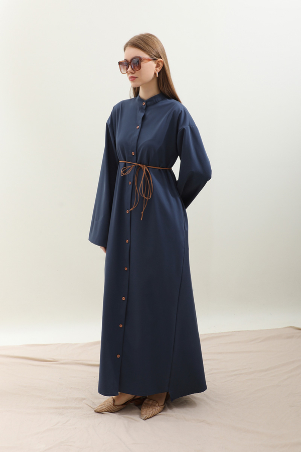 Dik Yaka Gömlek Elbise Lacivert - 4