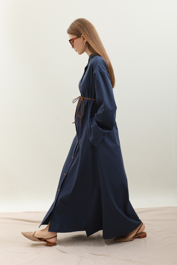 Dik Yaka Gömlek Elbise Lacivert - 5