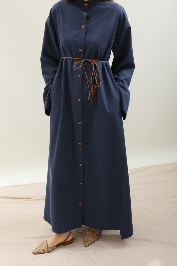 Dik Yaka Gömlek Elbise Lacivert 