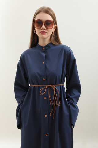 Dik Yaka Gömlek Elbise Lacivert - 6