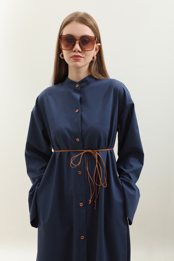 Dik Yaka Gömlek Elbise Lacivert - 6